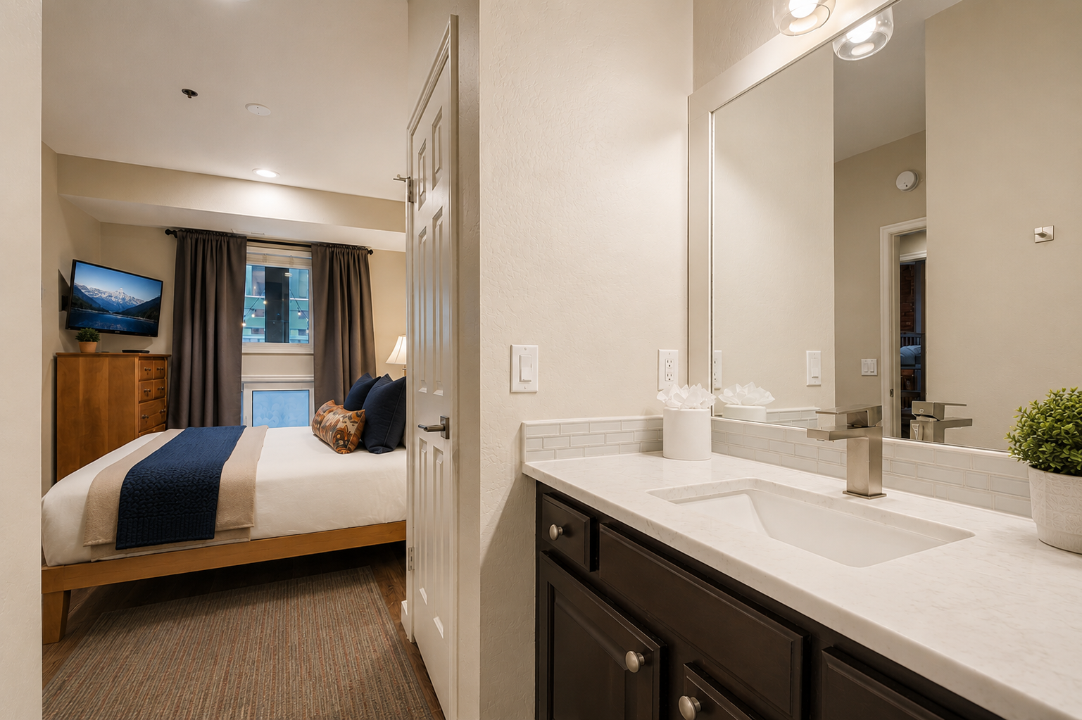 Your private sanctuary awaits with a modern bathroom vanity and plush bedroom just steps away, perfect for unwinding after a day of adventure.