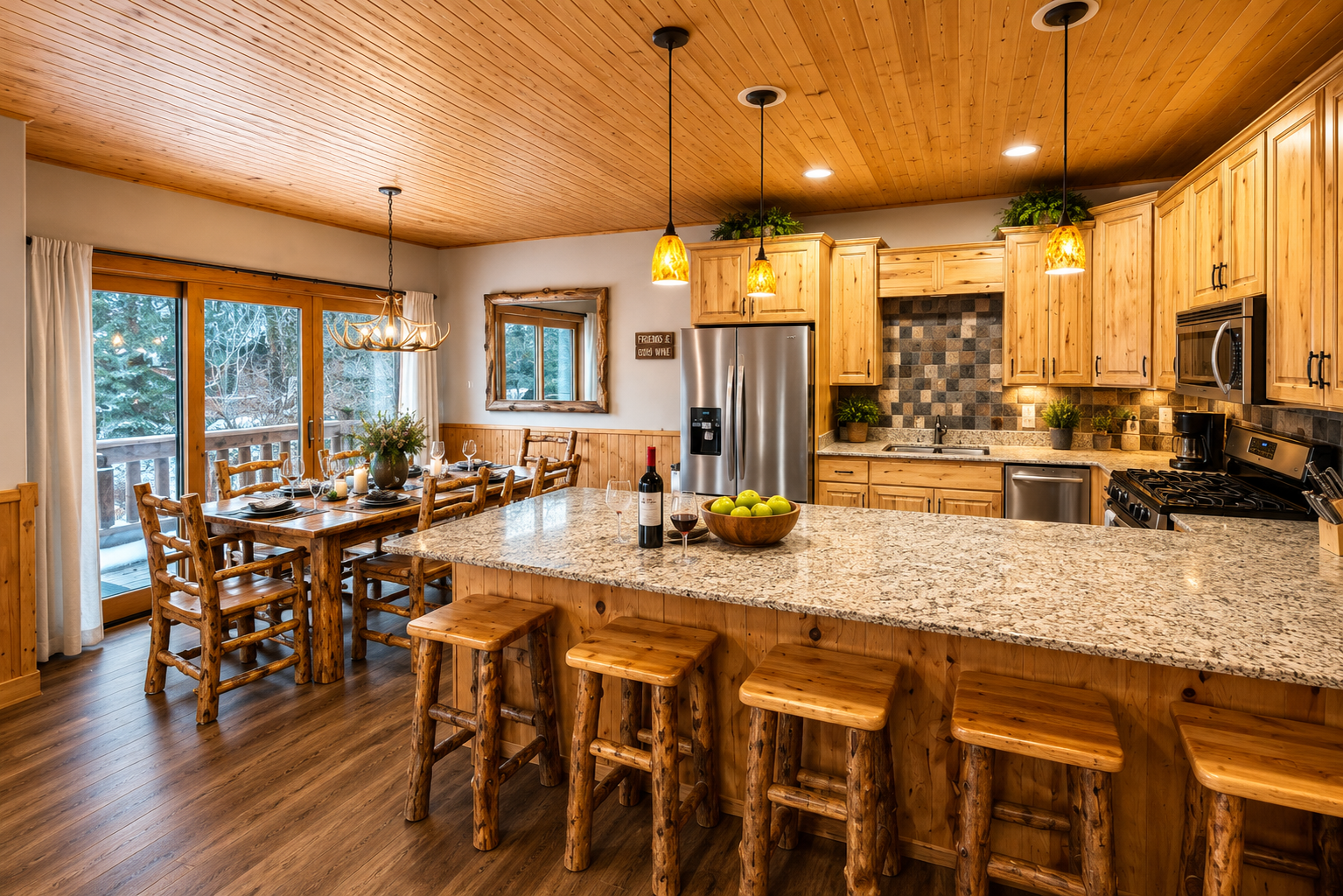 Gather around your spacious kitchen island with rustic log-style seating, where granite countertops and modern appliances meet warm wood tones. Natural light floods in, creating a cozy mountain retreat vibe perfect for your meals and memories.