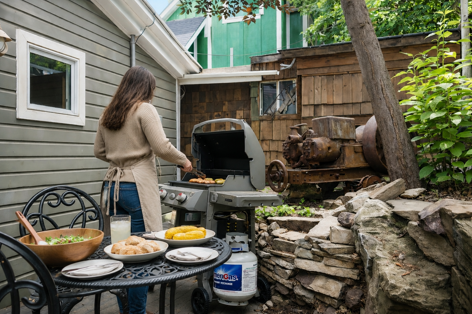 Fire up the grill and savor your meal in this charming backyard patio, complete with rustic décor and lush greenery—your private retreat for outdoor dining.