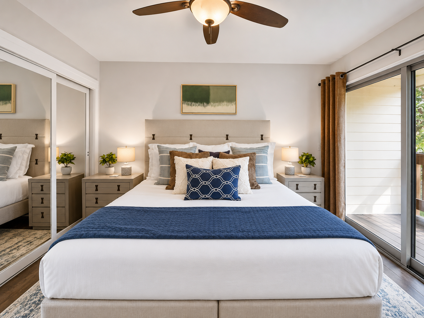 Unwind in this serene primary suite featuring a plush king bed, premium linens, and a cooling ceiling fan. A bright and airy sanctuary designed for ultimate comfort and relaxation.