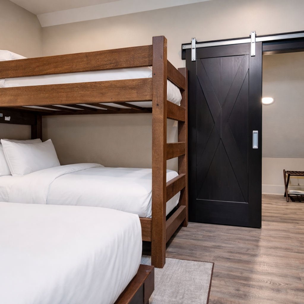Your family will love this thoughtfully designed bedroom with sturdy bunk beds and stylish barn door privacy.