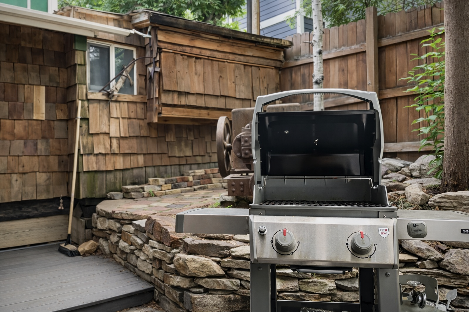 Fire up the grill for your perfect outdoor feast in this charming backyard retreat, complete with rustic charm and natural stone accents.