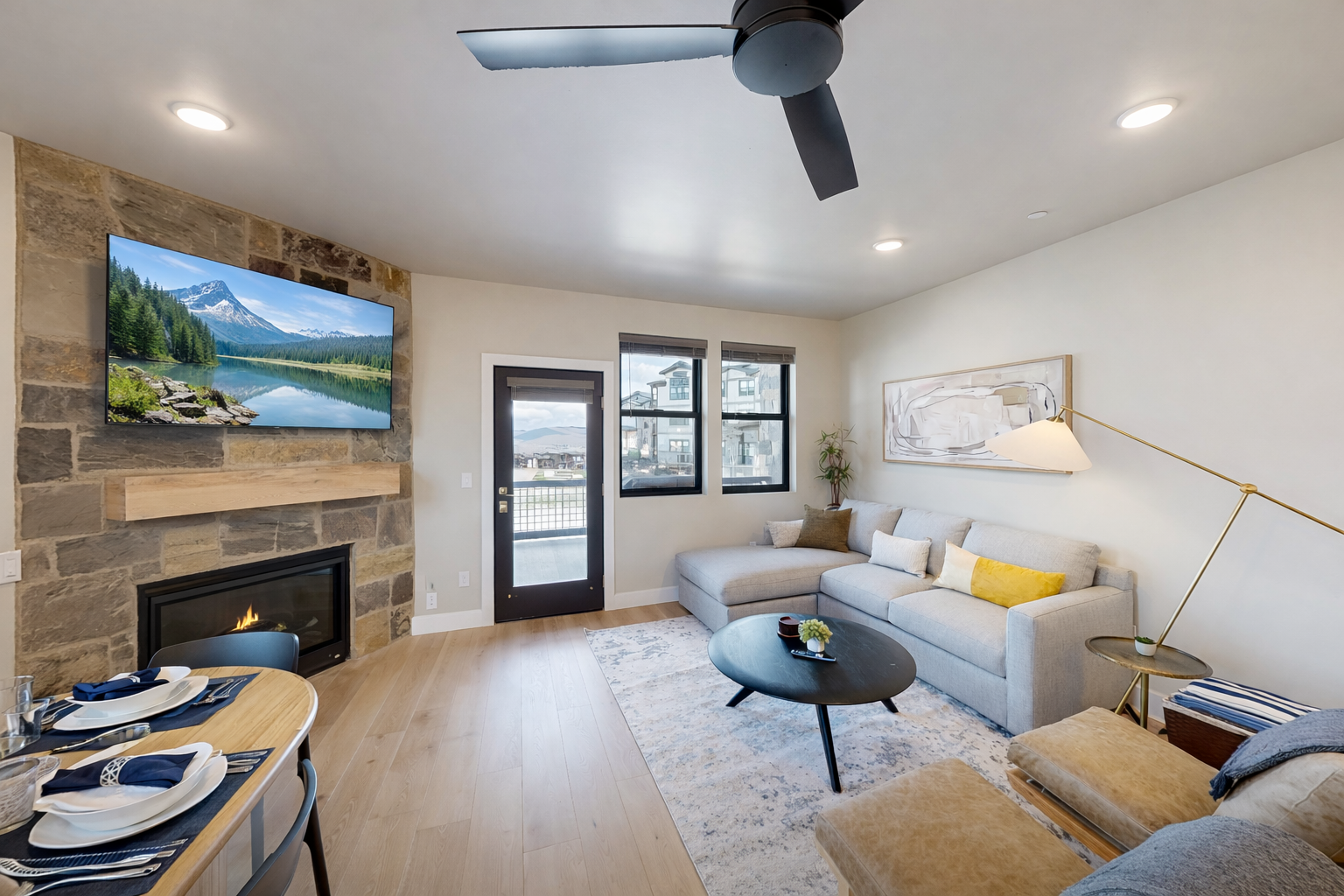 Unwind in your stylish living space with a cozy fireplace, modern furnishings, and entertainment center for perfect evenings in.