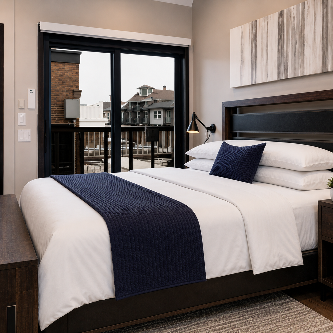 Slip into crisp linens and wake to neighborhood views framed by sleek glass doors. Your modern retreat features chic lighting and art, creating a restful sanctuary just for you.