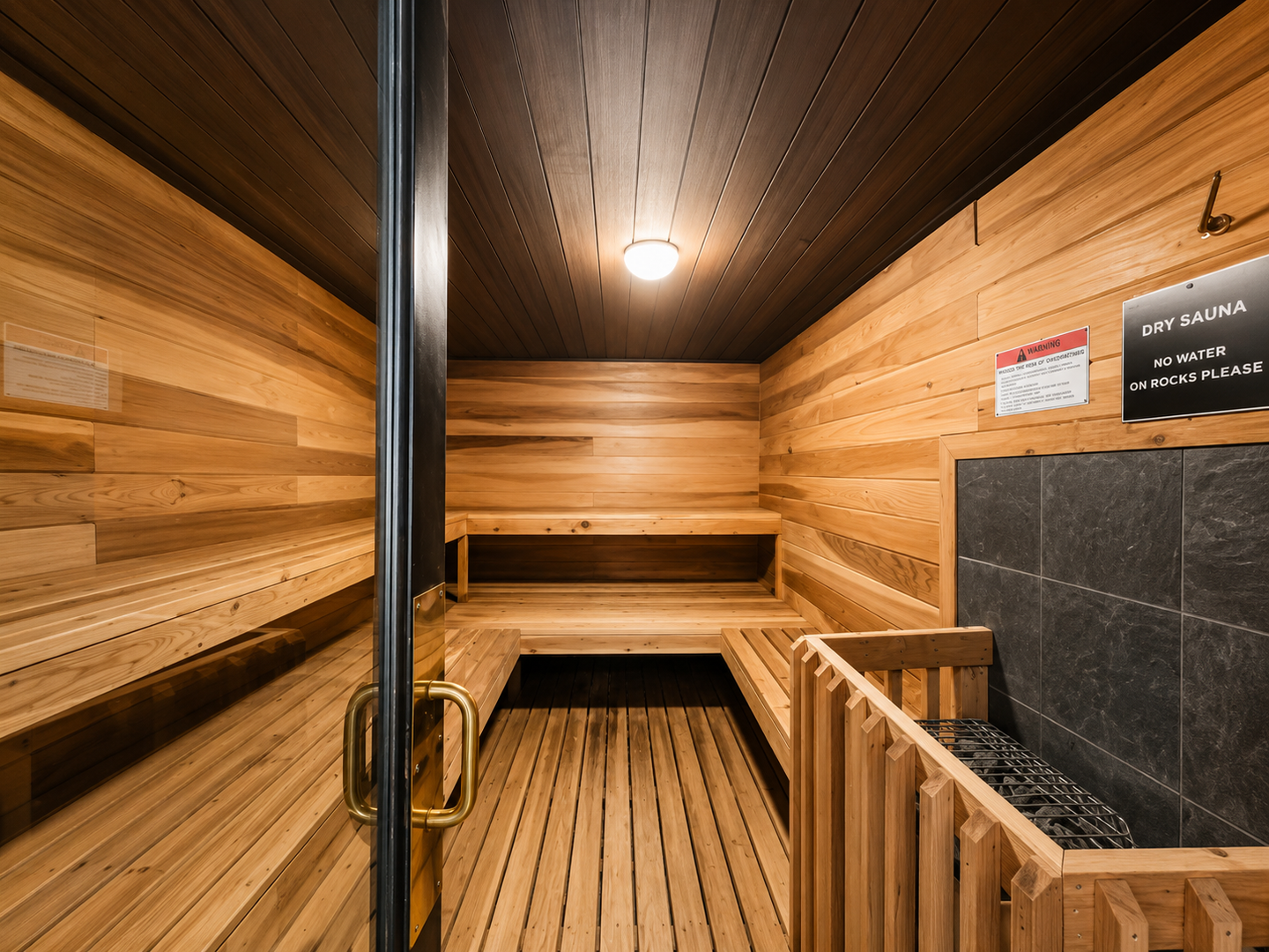 Unwind in your private dry sauna, beautifully crafted with warm cedar wood and tiered benches—perfect for melting away stress after a day of adventure.