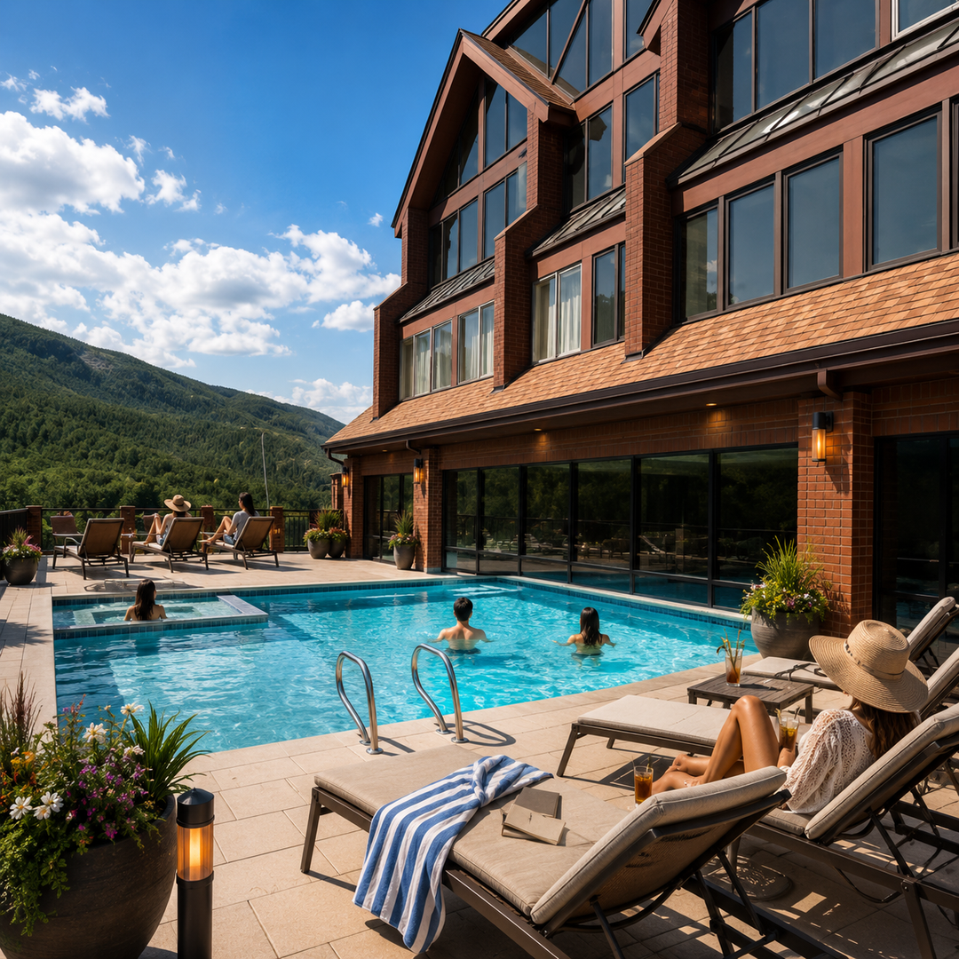 A stunning mountain retreat featuring a sparkling outdoor pool surrounded by comfortable lounge chairs and lush gardens, all set against a breathtaking forested mountain backdrop.