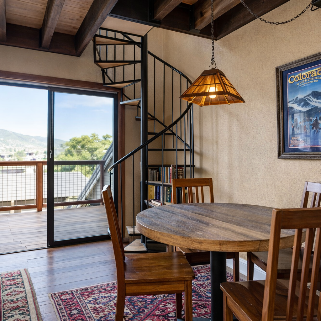 Step into your cozy mountain retreat, where exposed wooden beams and warm pendant lighting welcome you. A spiral staircase invites you upward while your dining space opens to a sunny balcony showcasing peaceful hillside views.
