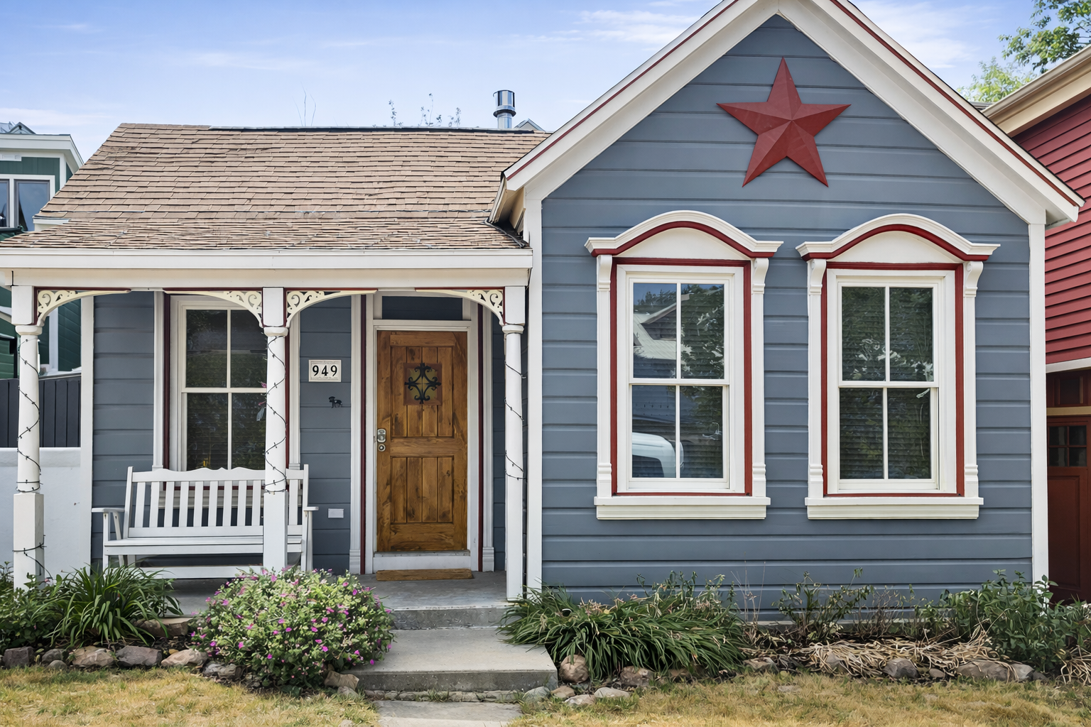 Charming blue Victorian cottage with red star detail and white porch, featuring traditional architecture and welcoming entrance.