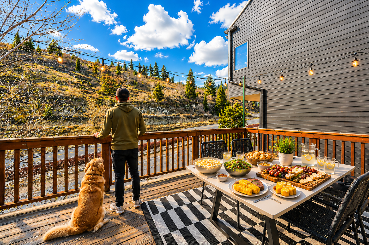 The deck stretches toward hillside views dotted with evergreens, ideal for outdoor dining with your furry companion beneath a vibrant mountain sky.
