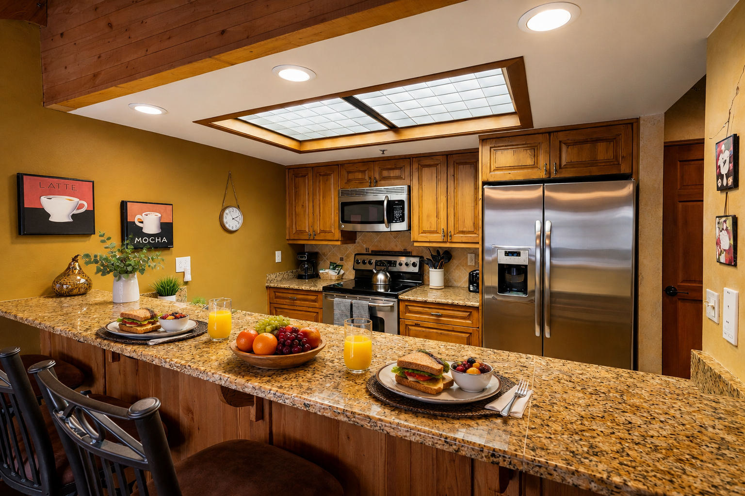 Gather around this inviting granite-topped island where your morning coffee and fresh-prepared meals await. The fully-equipped kitchen features stainless steel appliances and warm wood cabinetry throughout.