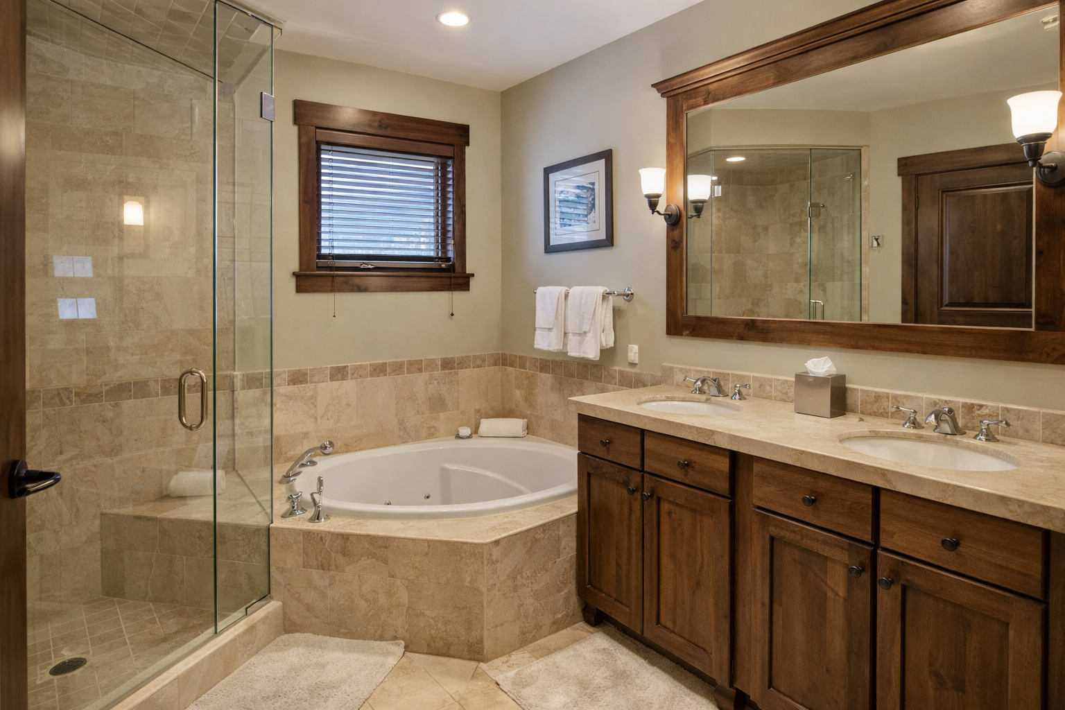 Unwind in your luxurious bathroom featuring a deep soaking tub and spacious glass shower with elegant stone finishes.