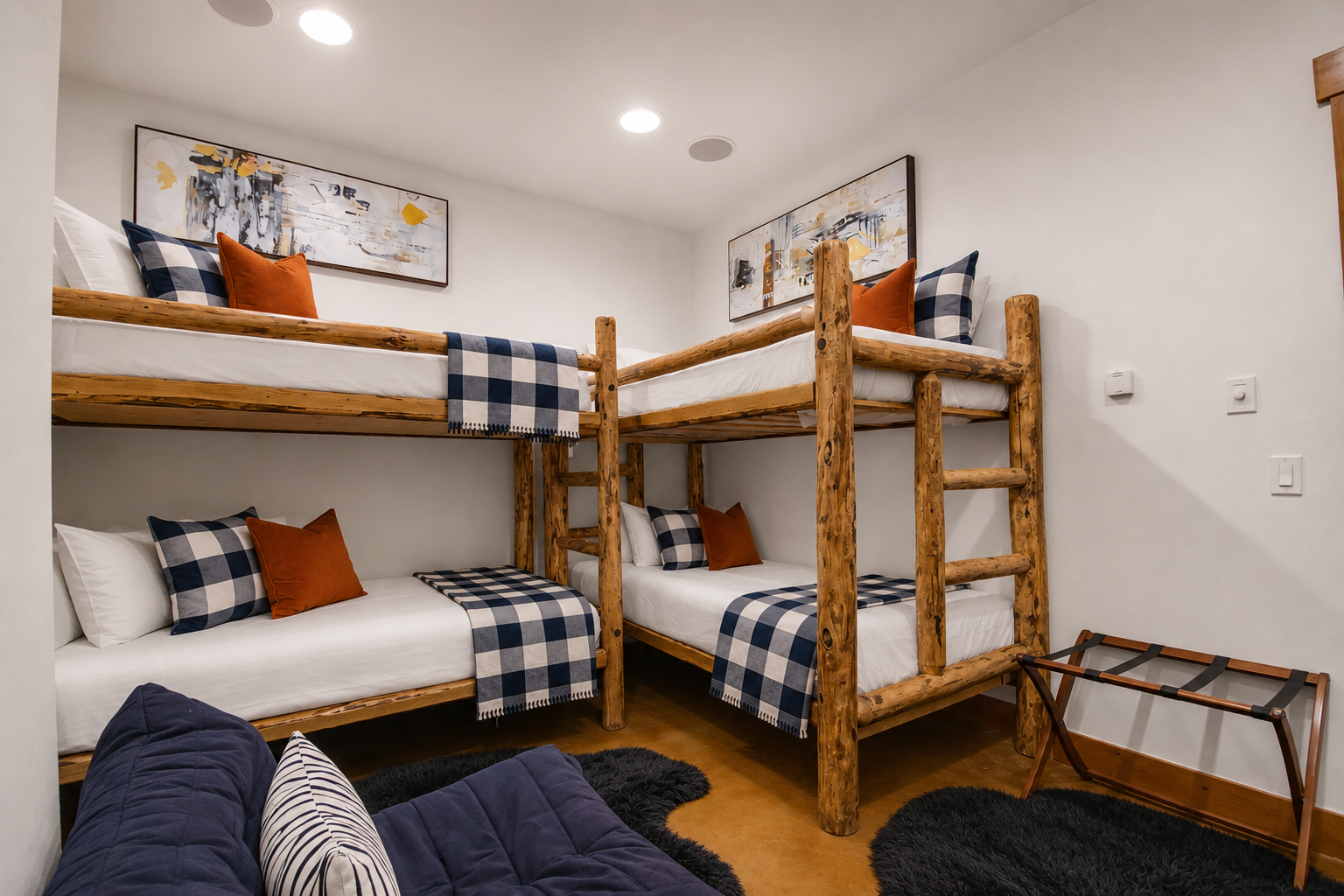Rustic log bunk beds with crisp white linens and cozy plaid accents create a charming, cabin-style retreat perfect for families or friends traveling together.