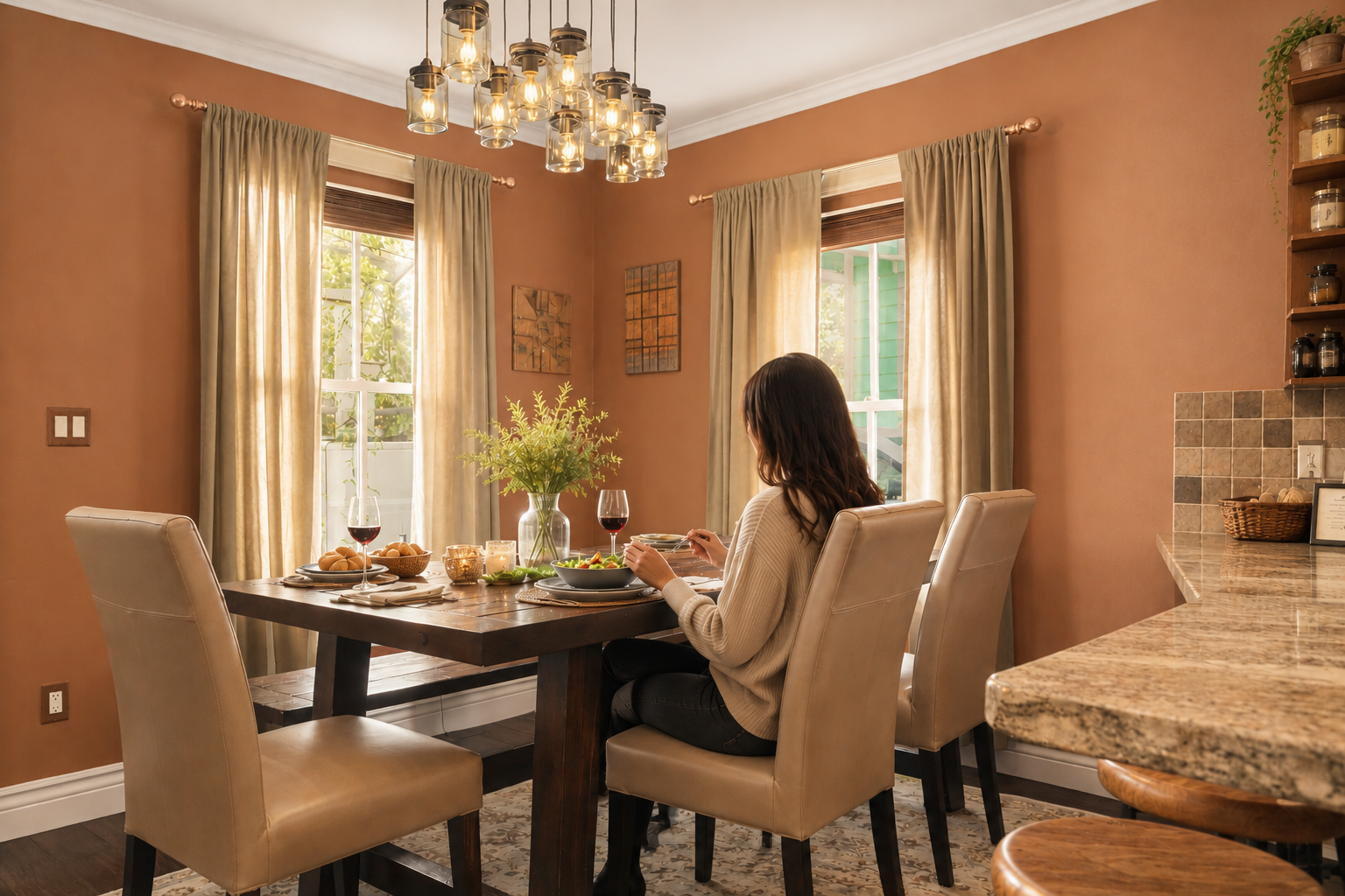 Picture yourself at this inviting dining table, enjoying meals bathed in natural light from large windows, with warm terracotta tones and elegant pendant lighting creating a cozy atmosphere for your stay.