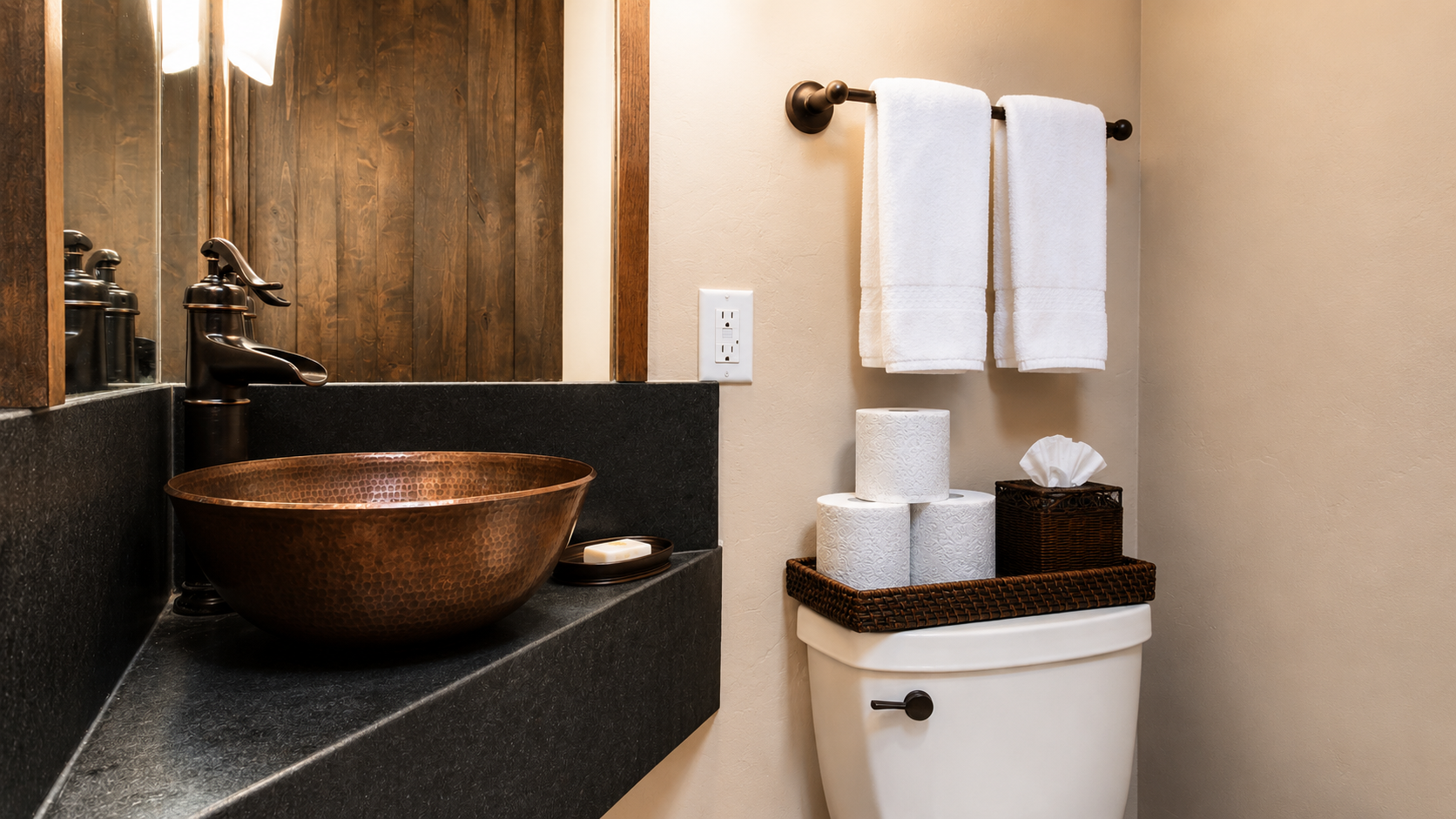 Your private bathroom blends rustic warmth with modern elegance—a handcrafted copper sink, plush towels, and thoughtfully arranged essentials create a spa-like retreat just for you.