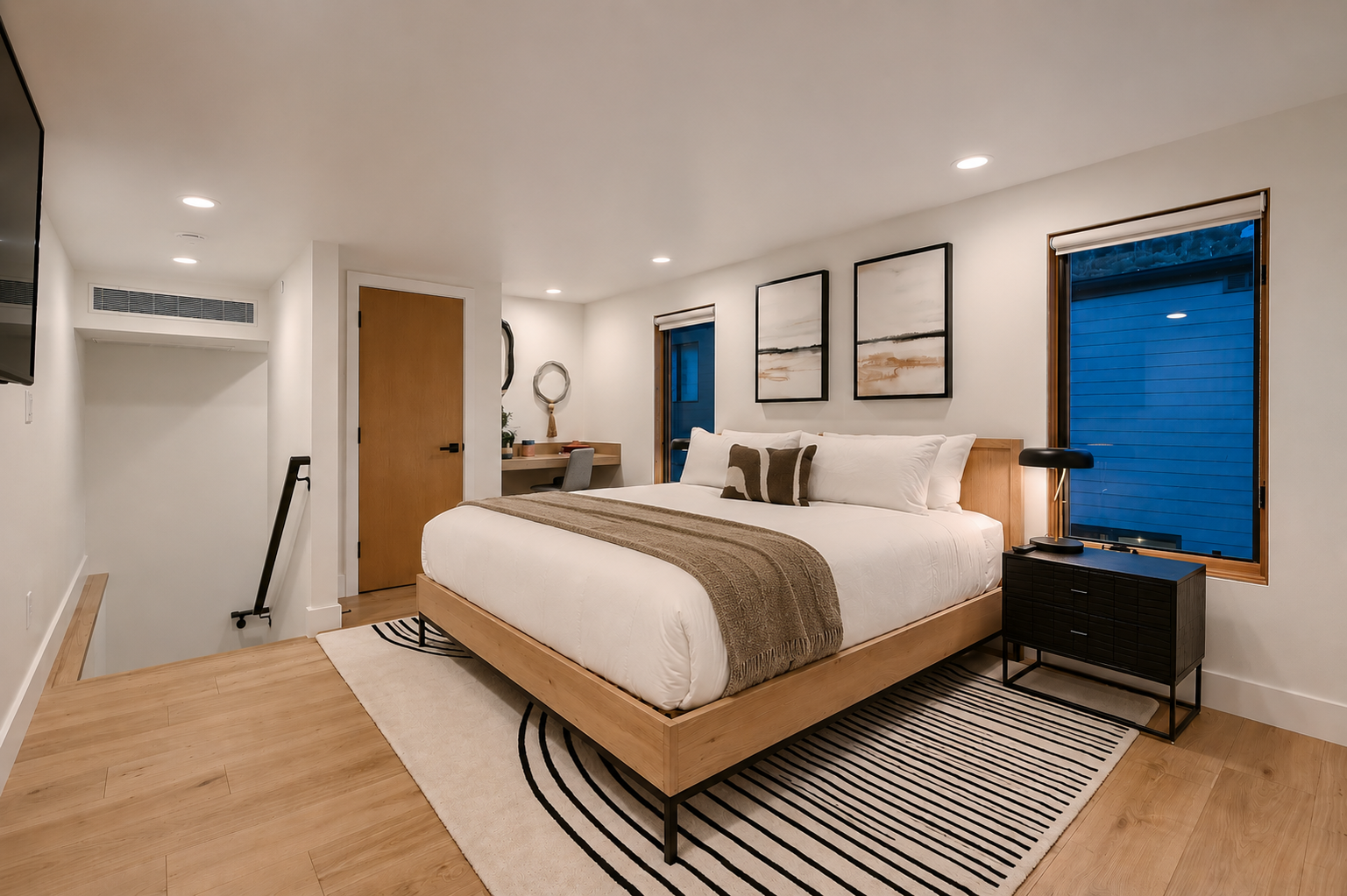 Unwind in your serene bedroom with a plush king bed, modern finishes, and a calming palette that invites deep rest. Soft lighting and stylish decor create the perfect end to your day.