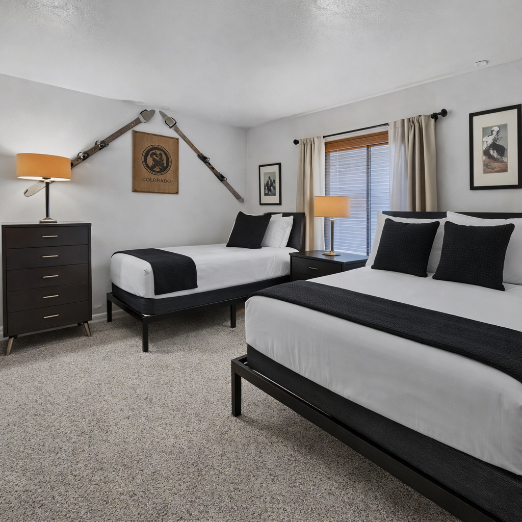 Escape to your private mountain retreat! This cozy room, with two full beds and custom ski decor, is the perfect base for adventure. Enjoy a restful stay after hitting the slopes or exploring Park City, UT.