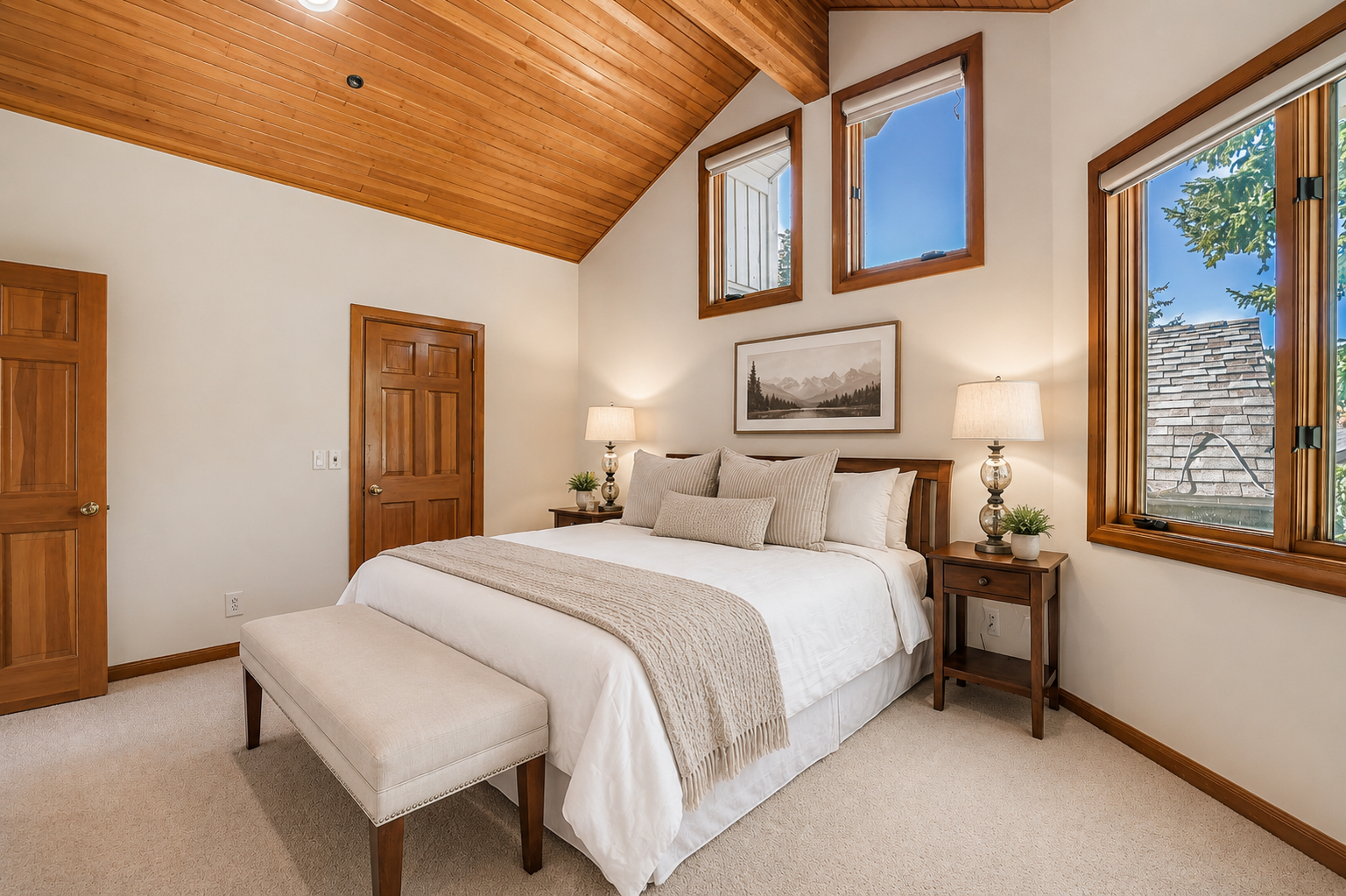 Sink into crisp linens under a vaulted wood ceiling, with natural light streaming through tall windows that frame your peaceful mountain escape.