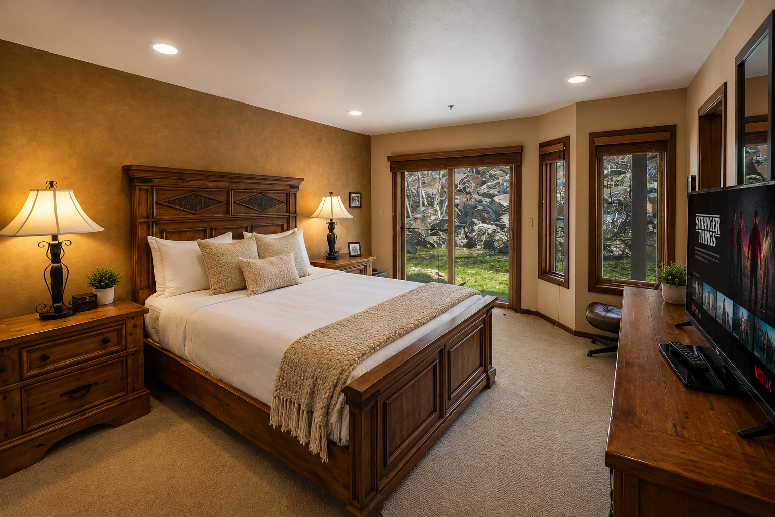 Unwind in this warm bedroom where plush linens and soft lighting create your peaceful mountain retreat. Nature's beauty frames your restful escape through the windows.