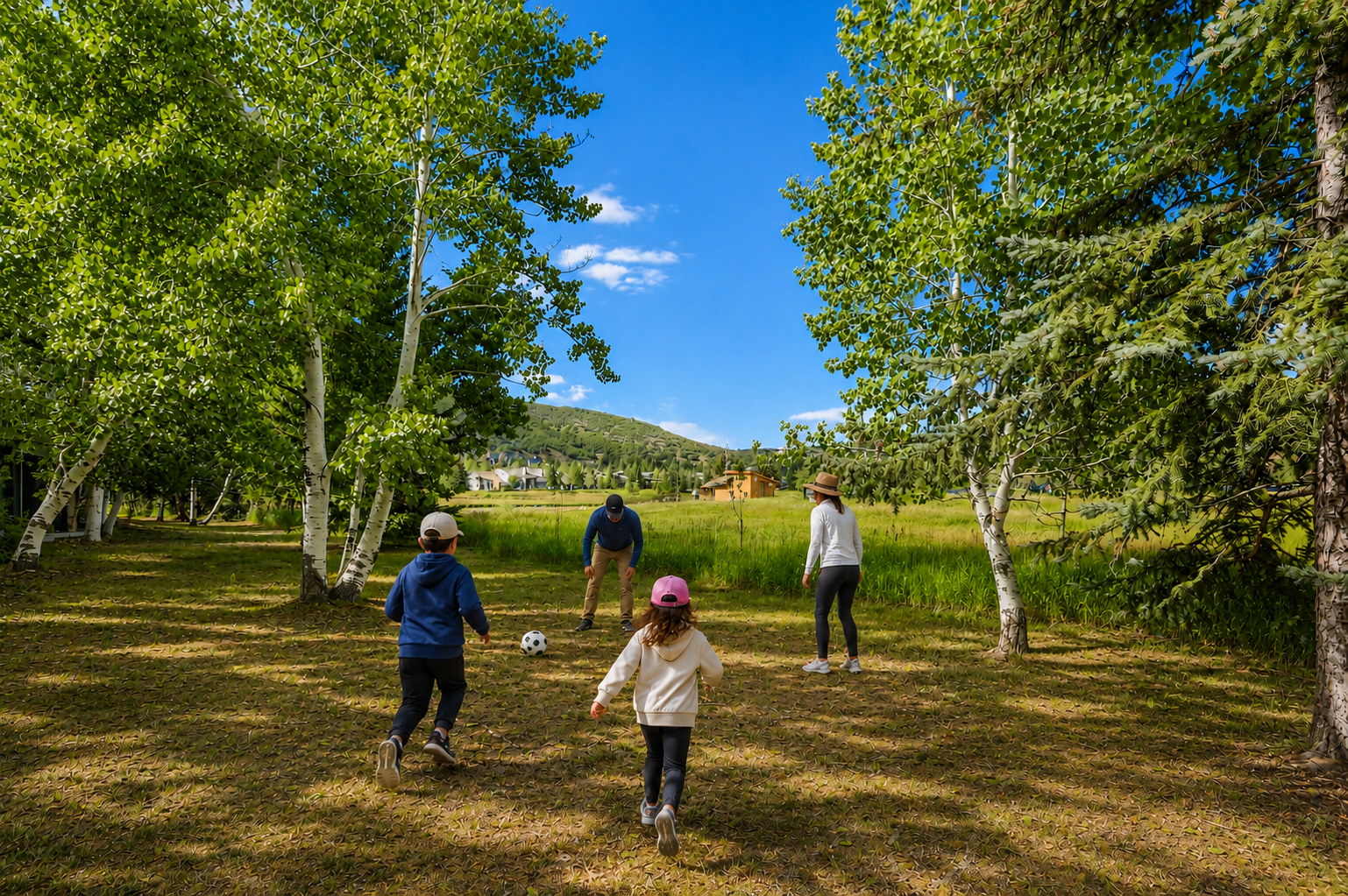 A family enjoys a sunny afternoon playing soccer in the spacious natural surroundings, framed by birch trees and mountain views.