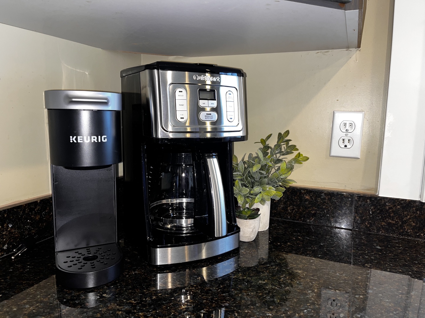 Fuel your morning at our fully-equipped coffee station, featuring both a Keurig single-serve and a Cuisinart 14-cup programmable maker for fresh, hot coffee anytime.