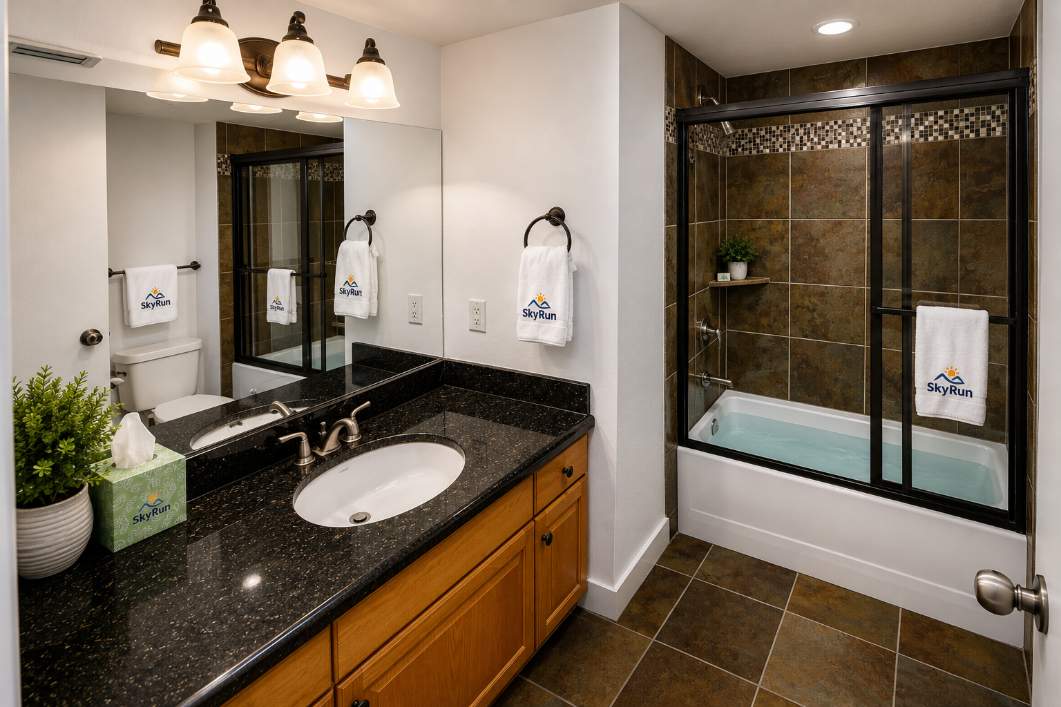 Unwind in your beautifully appointed bathroom with a deep soaking tub, walk-in shower, and black granite countertops. Fresh towels and a peaceful atmosphere await you after each adventure-filled day.