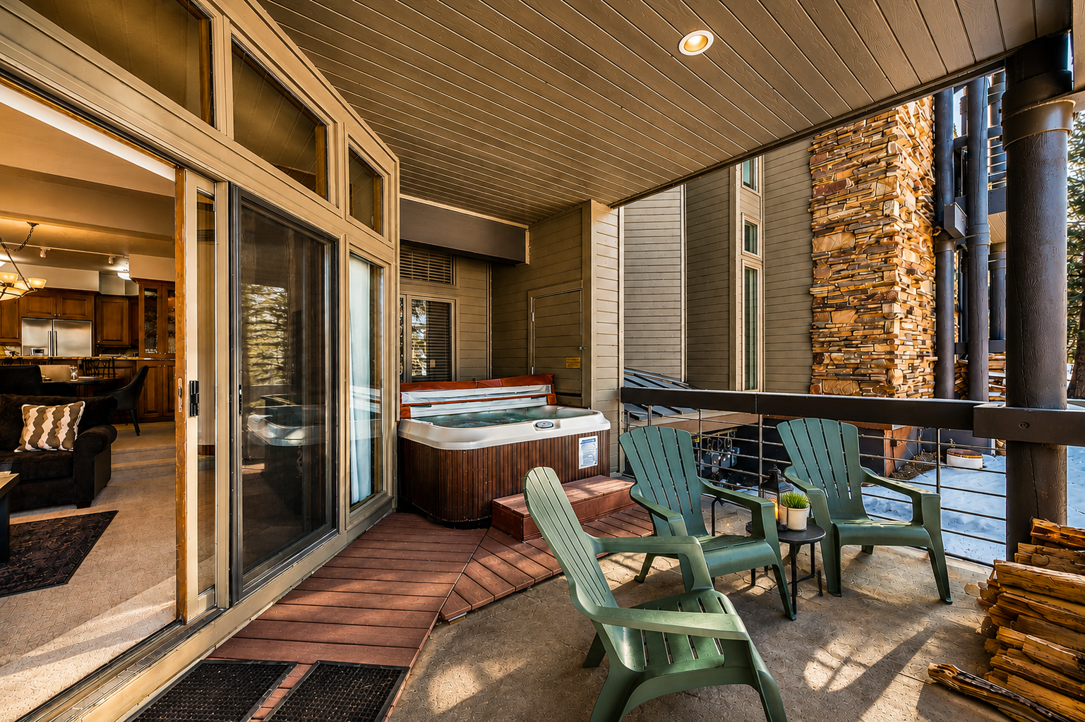 Unwind on your private balcony with a hot tub soak, Adirondack chairs, and a cozy fire feature. Perfect for starlit evenings after a day of adventure.