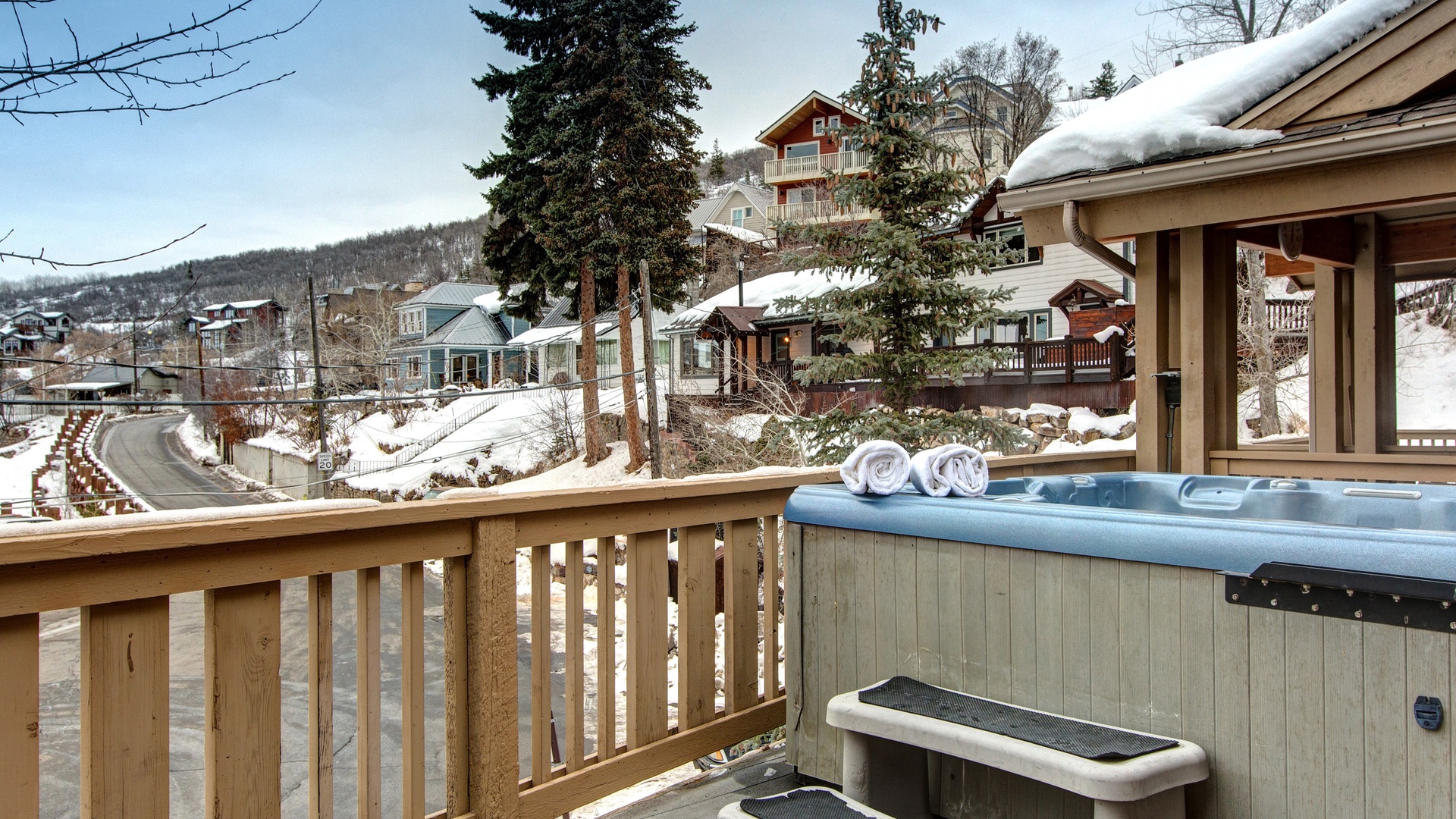 Unwind in your private hot tub while snow-capped mountains create a magical winter backdrop. Fresh towels await as you soak in warmth.