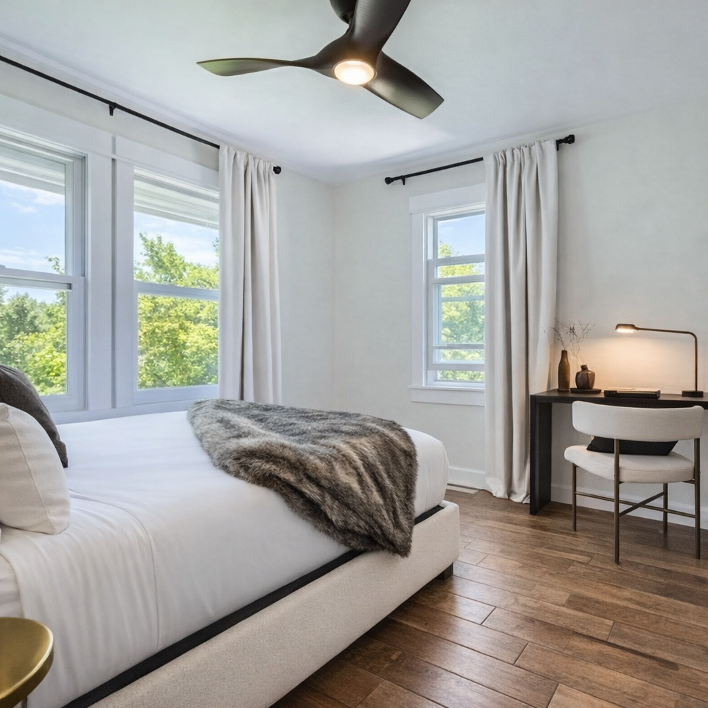 Your bright bedroom sanctuary offers plush comfort with crisp linens, luxurious fur throws, and peaceful treetop views through dual windows.