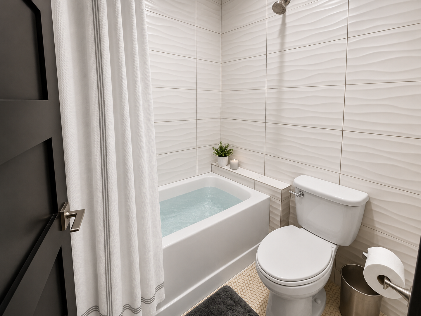 Relax in your private spa-like bathroom with a soaking tub, rainfall shower, and modern wave-textured tile creating a serene retreat after exploring the area.