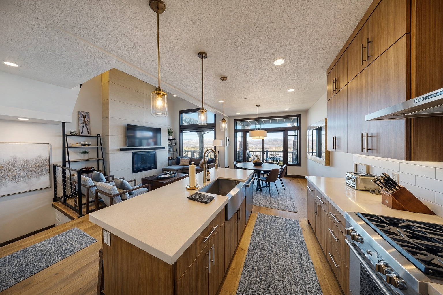 This sun-drenched open-concept space features a gourmet kitchen with a large island, a round wooden dining table for eight, and a cozy living area with a gas fireplace.