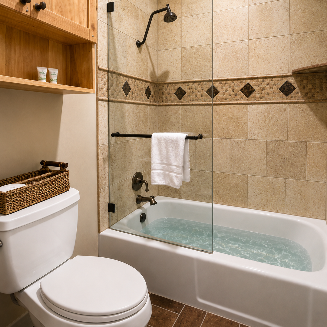 Sink into your private tub after a day of adventure. Warm tiled walls, a rainforest showerhead, and plush towels await your arrival in this cozy, inviting bathroom retreat.