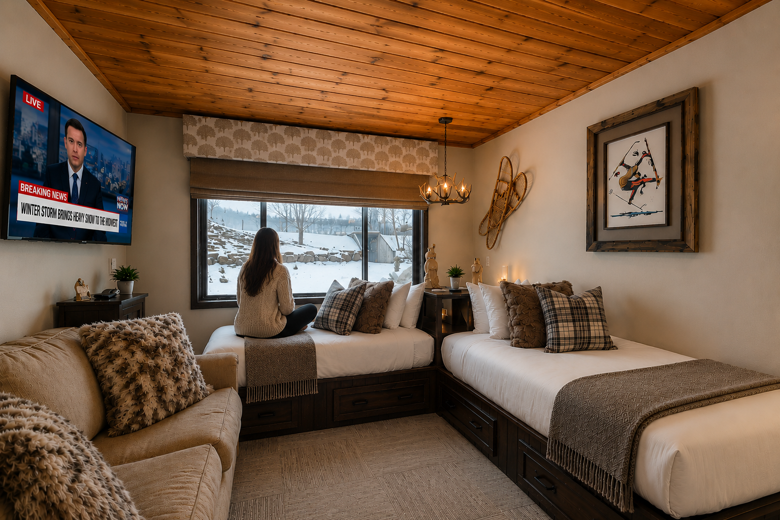 Your cozy mountain retreat features vaulted wooden ceilings, plush beds with rustic accents, and a window framing peaceful winter views—perfect for unwinding after a day on the slopes.