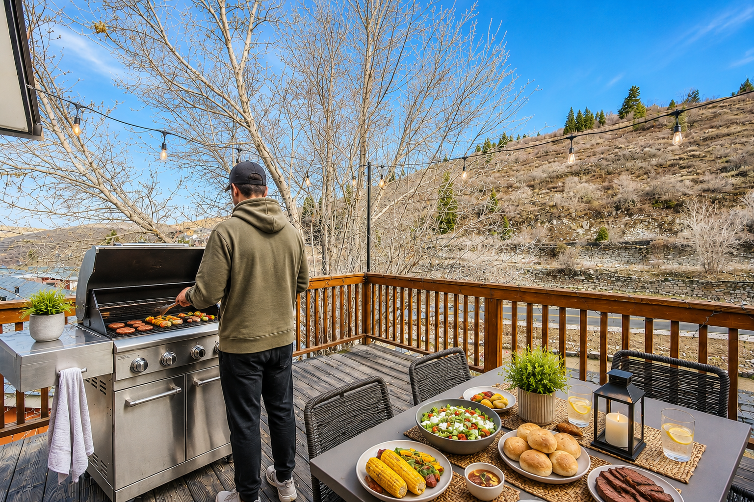 Picture yourself grilling fresh burgers on the deck while scenic hillsides frame your outdoor feast. This private patio invites relaxed dining with mountain views all around.