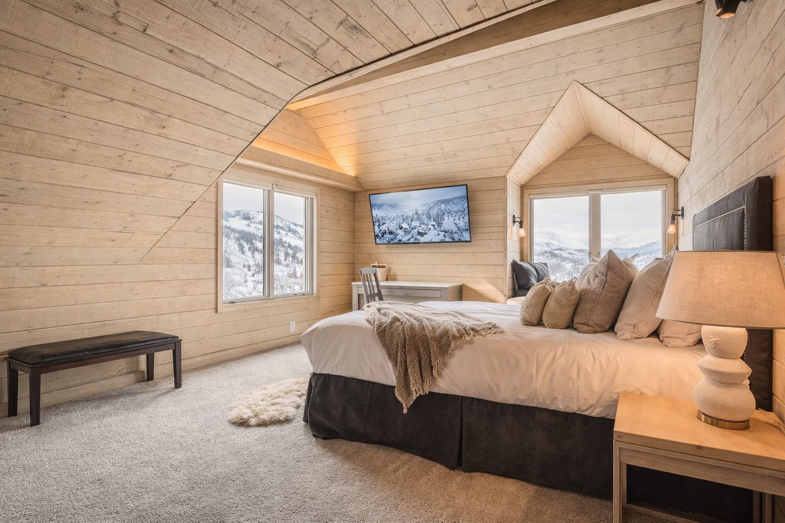 Wake up to stunning snowy mountain views from this first floor king bedroom. Wood paneling and cozy decor create the perfect, peaceful retreat.