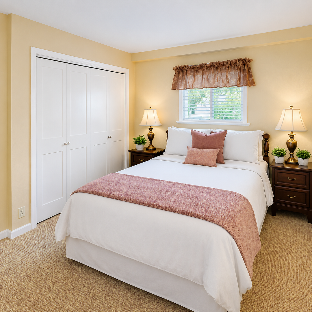 Sink into crisp white linens accented with soft rose tones in your private retreat. Warm sunlight filters through as you wake to a serene start to your vacation day.