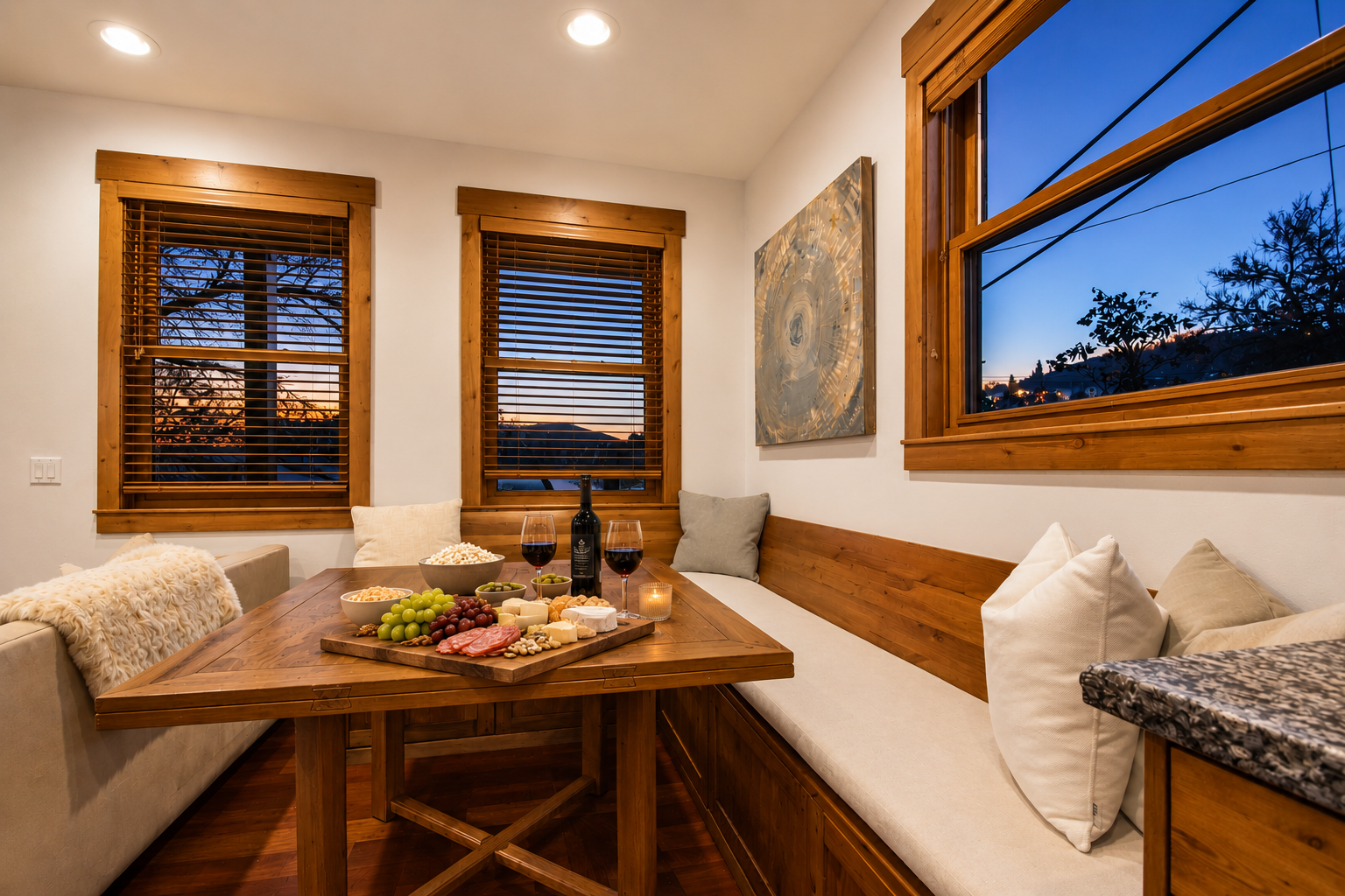 Cozy corner nook with warm wood accents and plush seating where you can savor morning coffee while watching the world wake up outside. Unit B