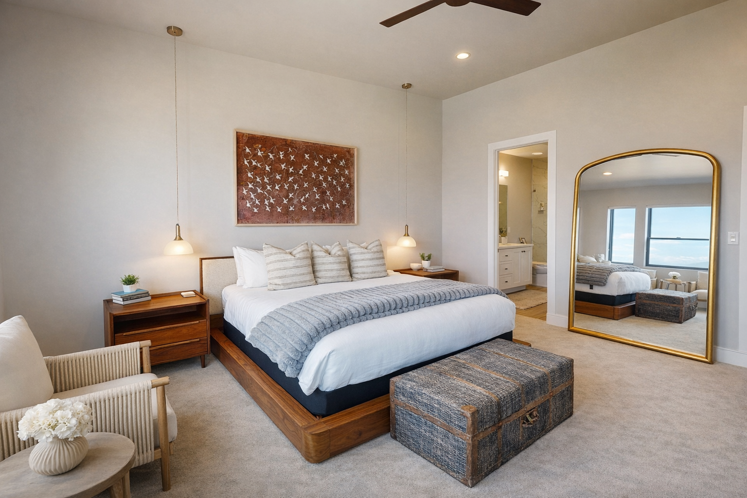 Relax in this bright, modern bedroom featuring a plush king bed, stylish decor, and cozy seating. Large windows offer stunning views, creating the perfect serene escape for your stay.