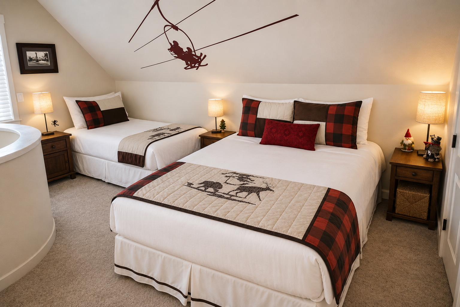 Cozy mountain-themed bedroom with two plush beds dressed in rustic linens. Warm lighting and charming ski lift decor create your perfect alpine retreat after a day of adventure.