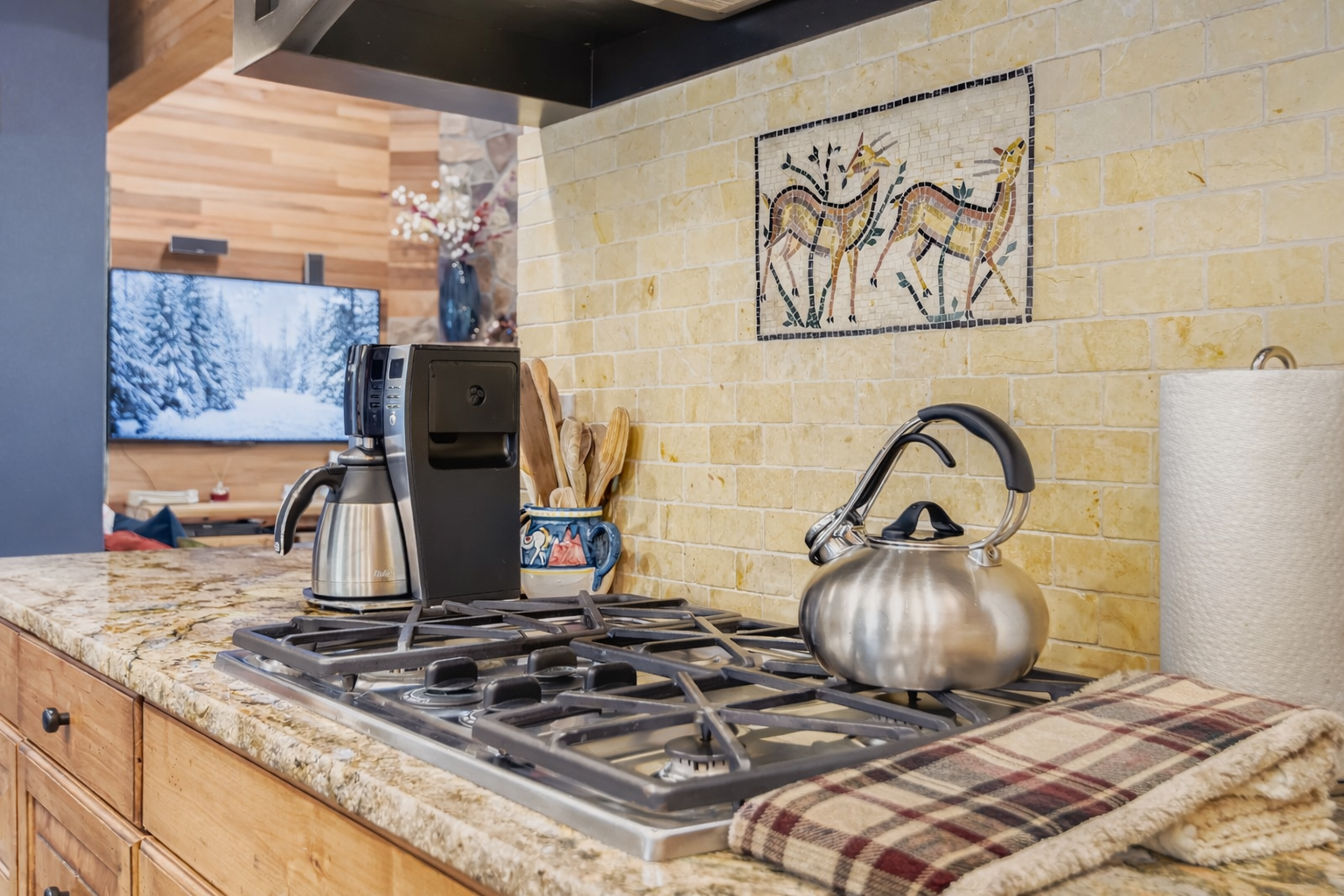 Your mountain retreat kitchen awaits with premium granite counters, gas range, and artful mosaic backsplash—perfect for cozy cooking adventures.