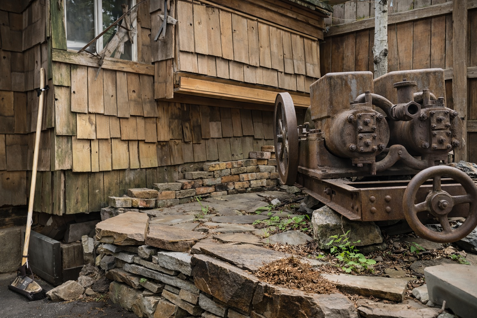 Historic mill machinery and weathered wooden buildings showcase the area's industrial heritage and rustic charm.