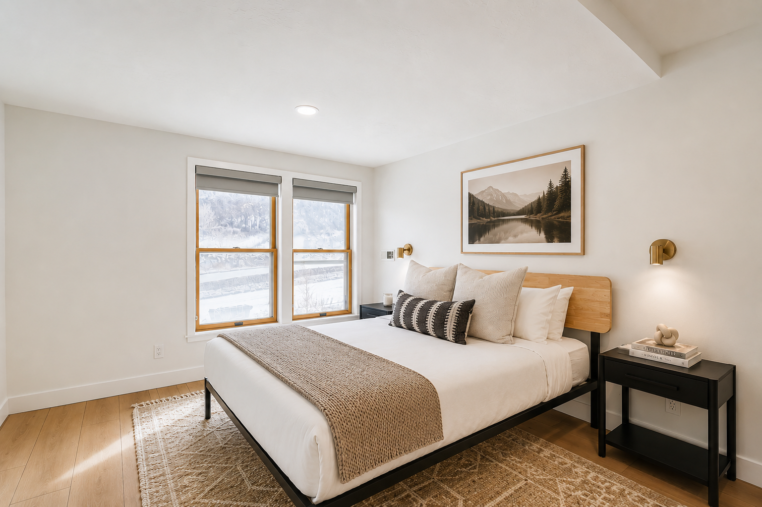 Wake up to stunning mountain views from your cozy bedroom, where modern comfort meets alpine charm. Crisp white linens and warm wood accents create the perfect retreat.