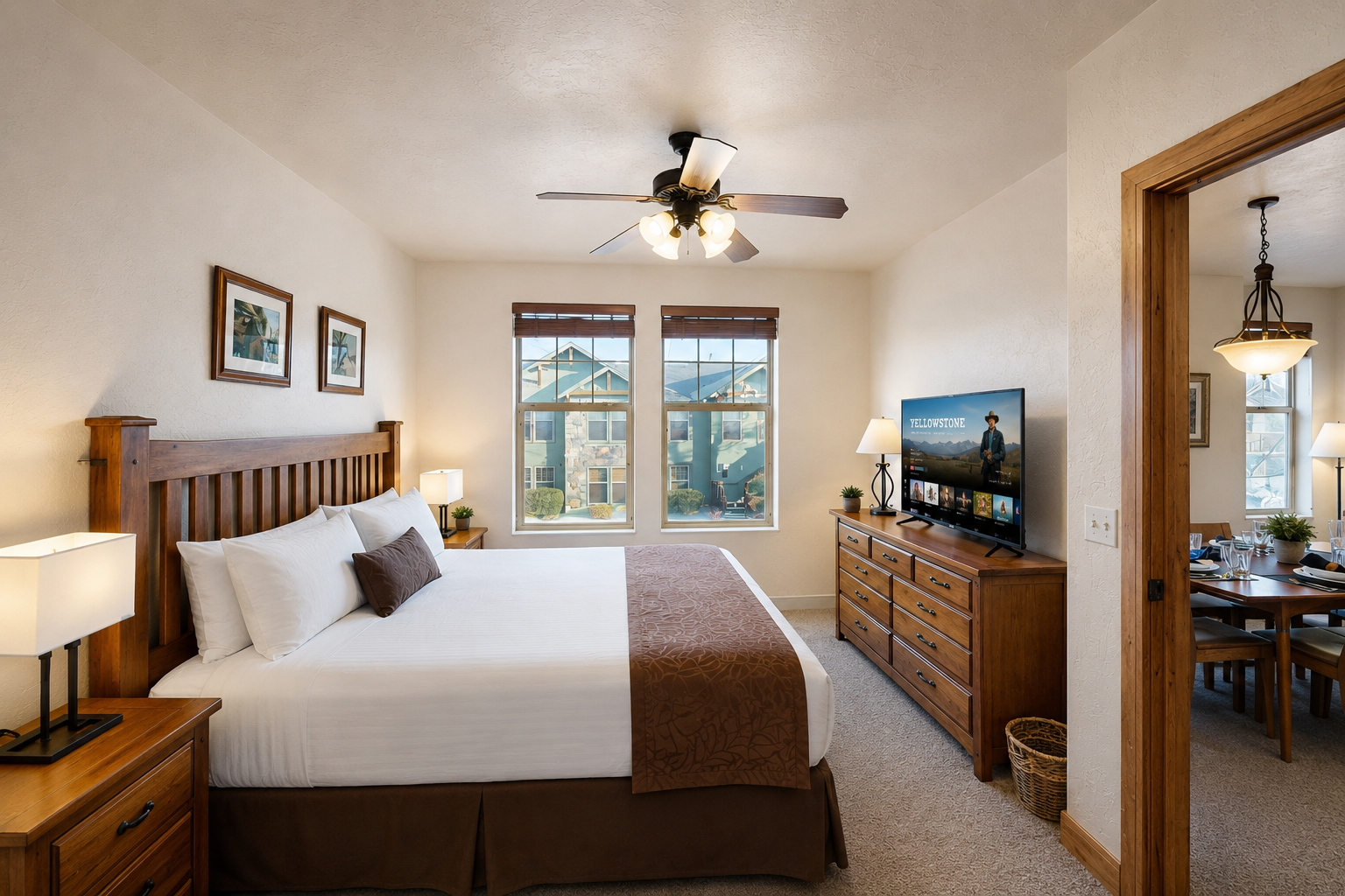Sink into this plush bed and drift off surrounded by mountain charm. Your cozy retreat features warm wood furnishings, soft linens, and streaming entertainment after a day of exploring.