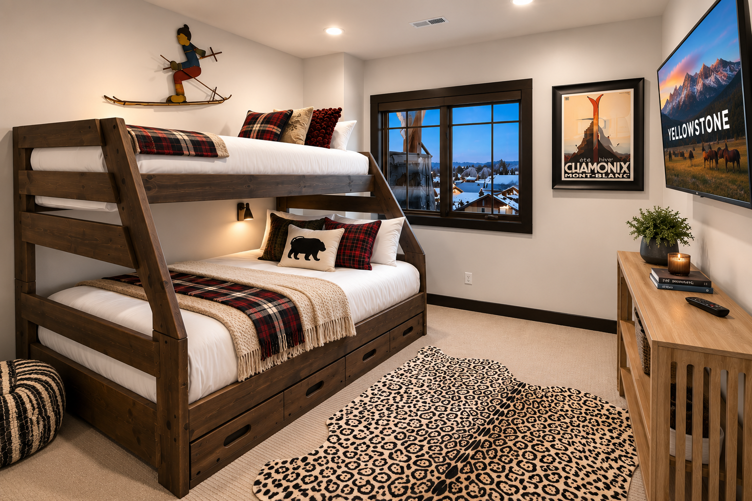 Settle into this adventure-themed bunk room where cozy beds and mountain views create the perfect retreat for your group.