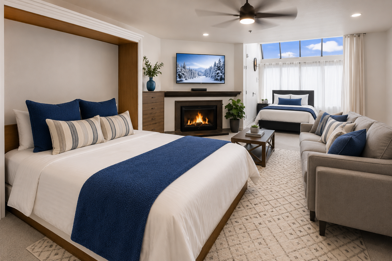 Unwind by the warmth of your in-room fireplace, surrounded by crisp linens, plush seating, and natural light—your private haven awaits.