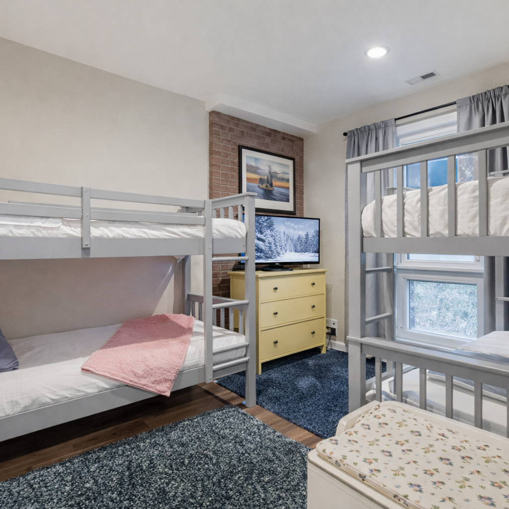 Sleep soundly in your cozy bunk room with twin beds, TV entertainment, and cheerful yellow storage for all your vacation essentials.