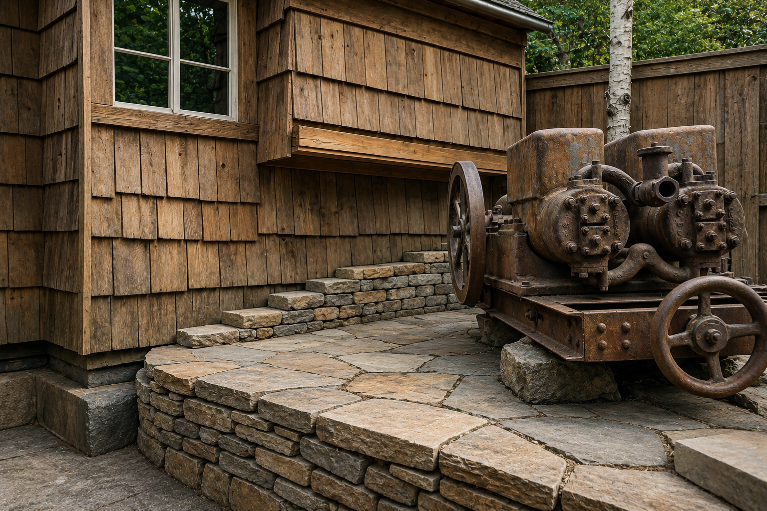 Historic mill machinery and weathered wooden buildings showcase the area's industrial heritage and rustic charm.
