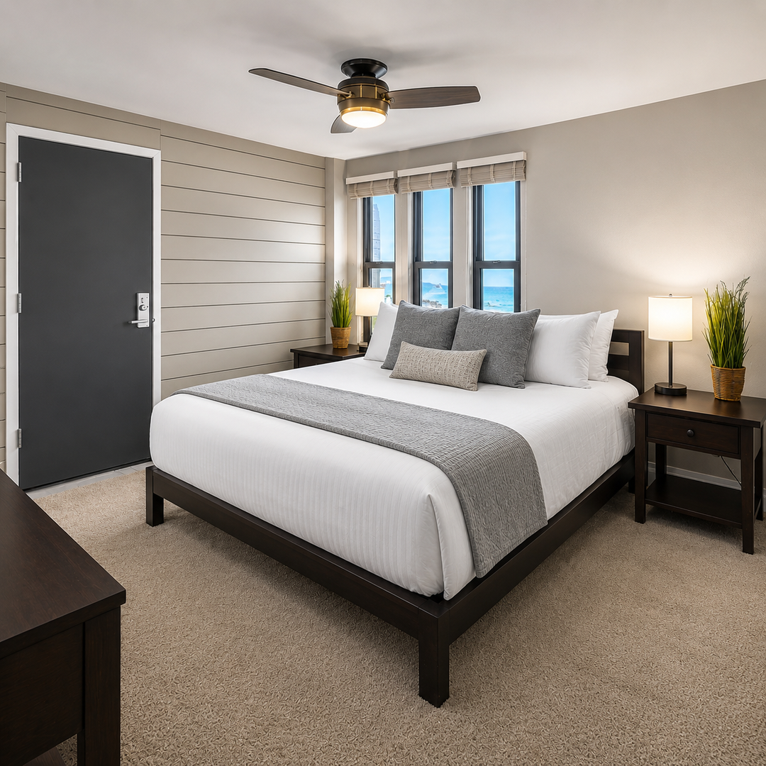 Settle into your peaceful bedroom retreat with crisp linens, modern furnishings, and gentle ceiling fan breeze for the perfect night's rest.