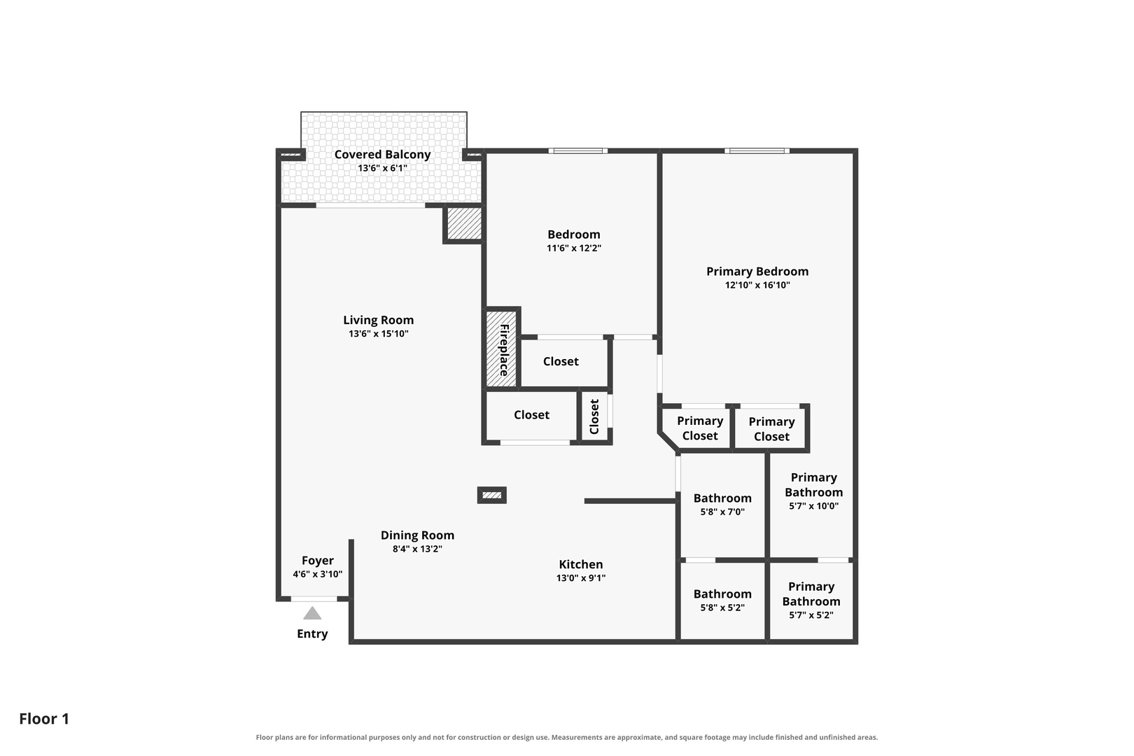 A spacious floor plan featuring three bedrooms, including a primary suite with dual closets and a private bathroom, plus a covered balcony off the living area.