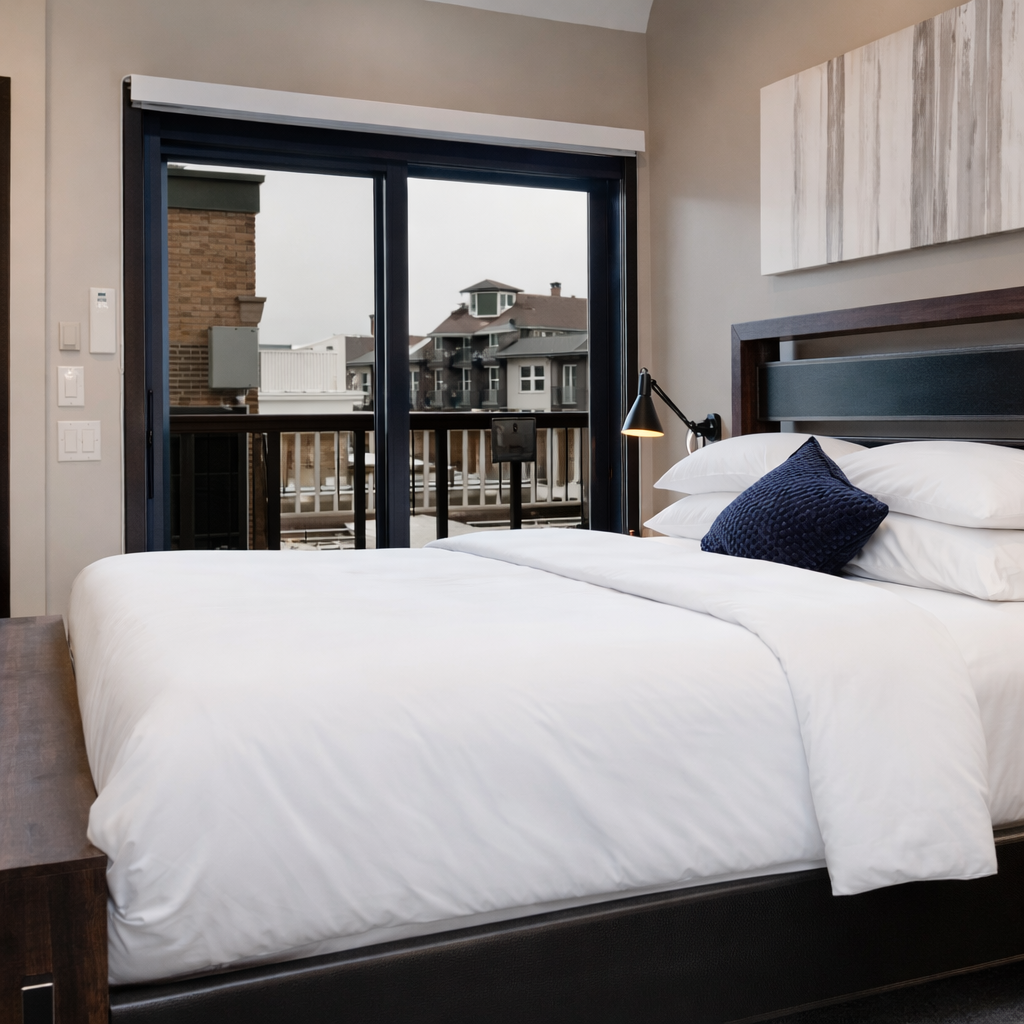 Stylish suite for your escape! Enjoy a king bed, modern design, and a barn door closet in this sleek mountain getaway.