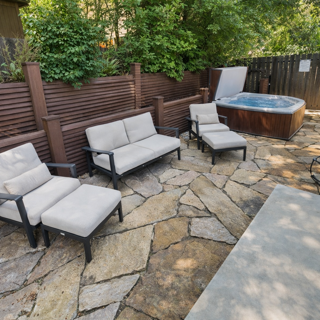 Private outdoor patio with a relaxing hot tub, perfect for unwinding under the stars after a day of Park City adventures.